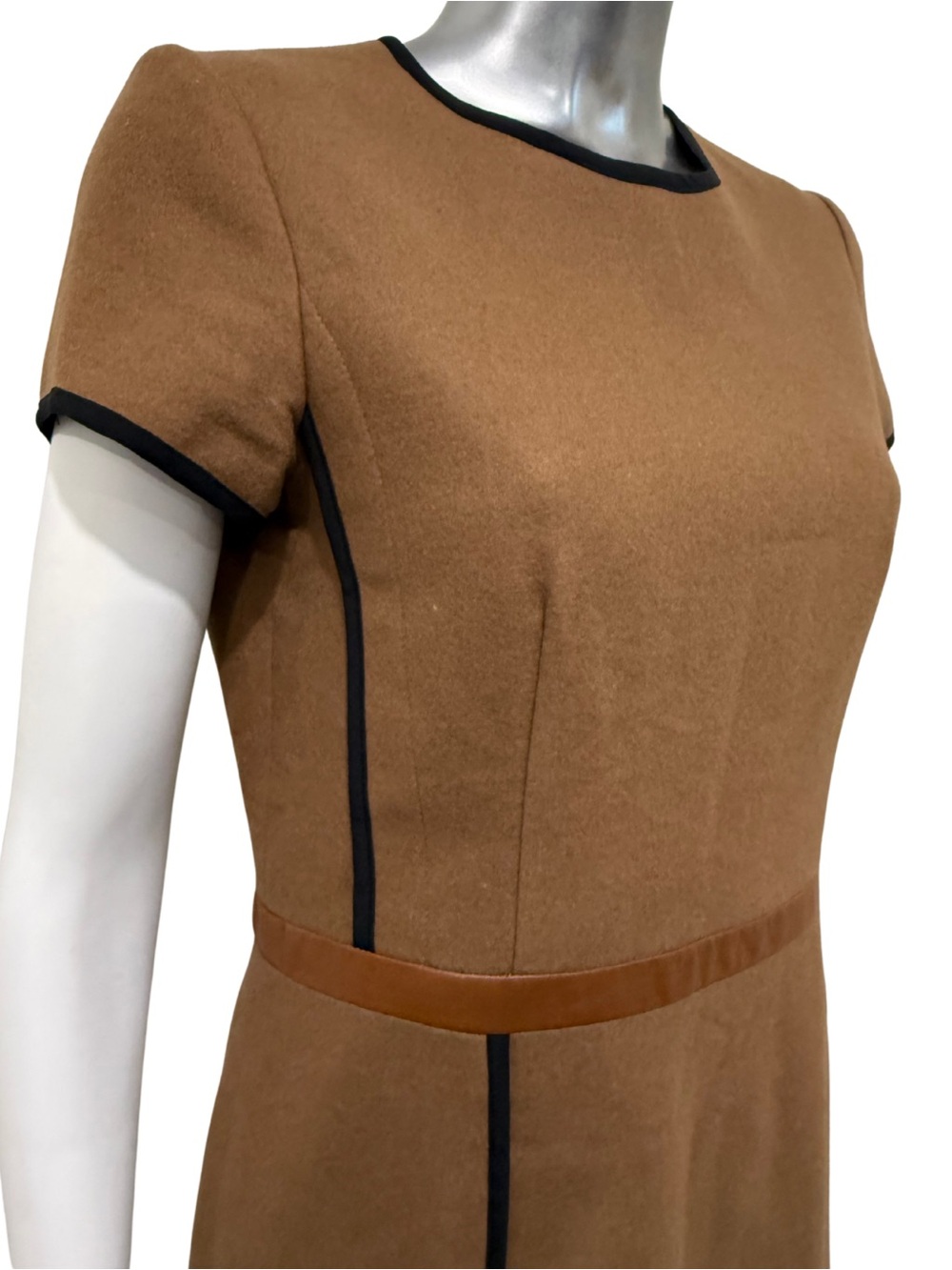 Judith & Charles Wool Sheath Dress Size 8 Brown Black Leather Trim Made Canada - Picture 6 of 10